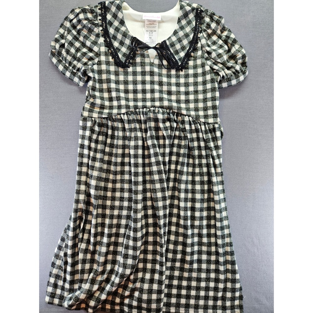 Bonnie Jean Girls Black White Gingham Metallic Lace Dress Sz 16 X4-11981-DS - Picture 1 of 3
